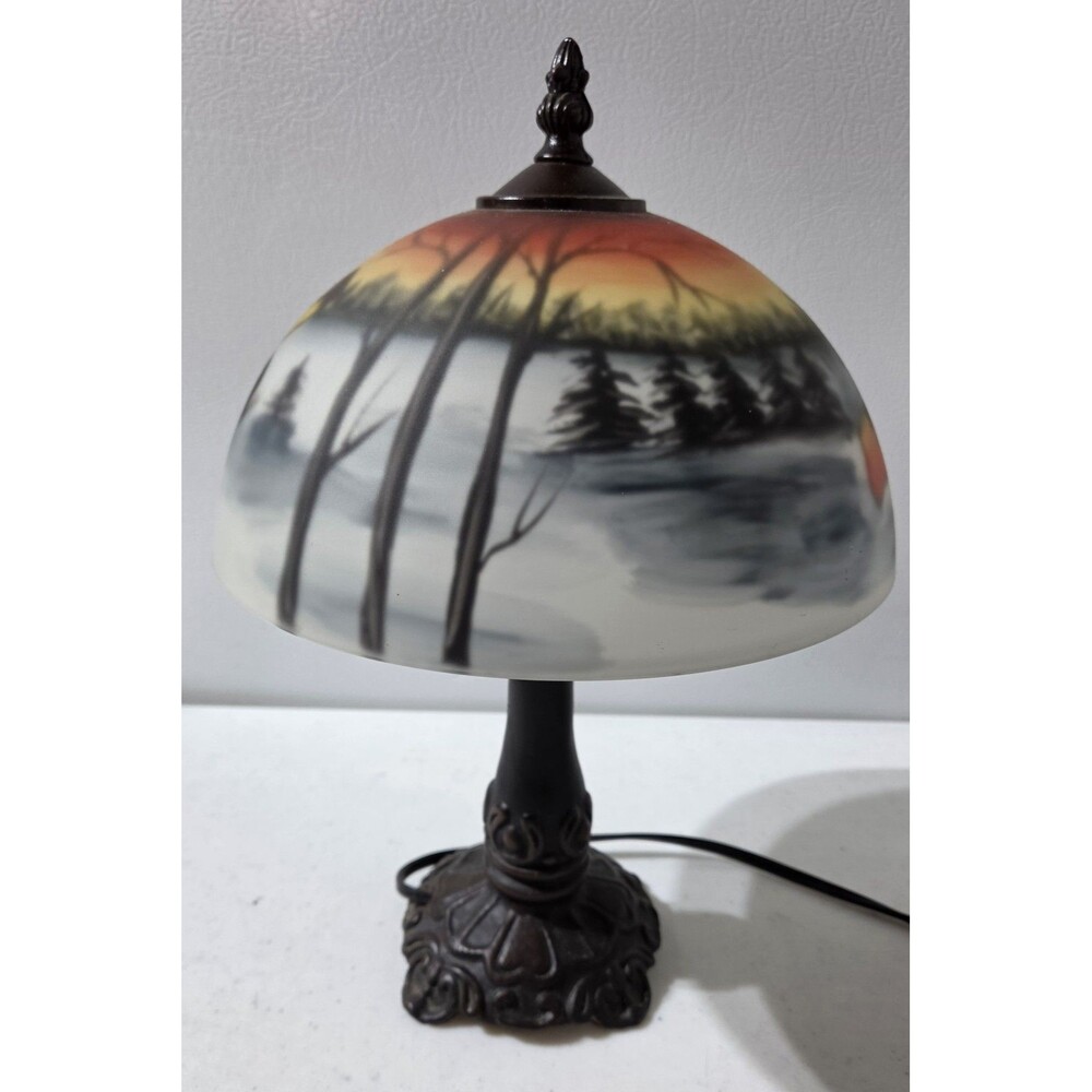 Reverse Painted Glass Table Lamp Winter Landscape Howling  Wolf 13" - Picture 4 of 5